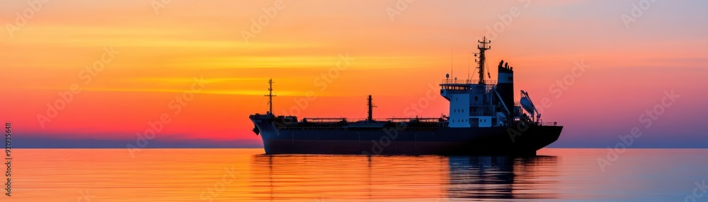 Fototapeta premium A serene sunset over calm waters with a silhouette of a cargo ship, evoking tranquility and adventure at sea.