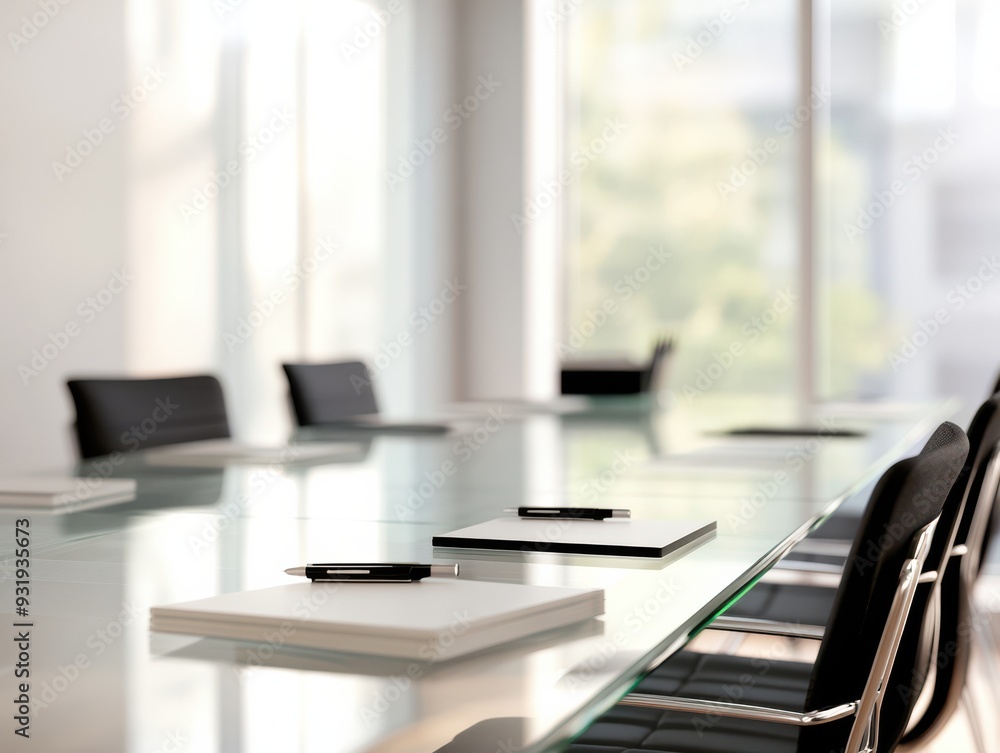 Modern conference room with a glass table, notepads, and pens ready for a productive meeting in a bright environment. Modern conference room with a glass table, notepads, and pens ready for a productive meeting in a bright environment.