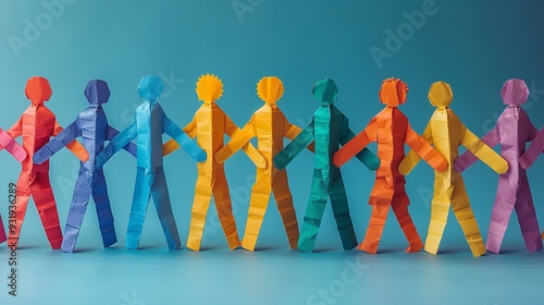 "A Chain of Colorful Paper Cutout Figures Holding Hands on a Blue Background: Symbol of Unity, Diversity, and Connection"