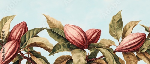 Beautiful botanical illustration featuring vibrant cocoa pods among lush green leaves on a soft pastel background.