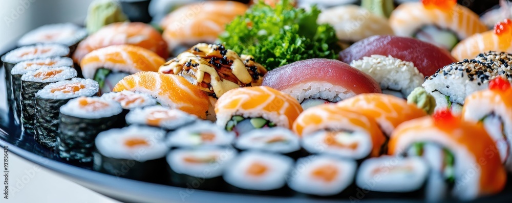 A vibrant platter of assorted sushi rolls featuring fresh ingredients and colorful presentation, perfect for culinary themes. A vibrant platter of assorted sushi rolls featuring fresh ingredients and colorful presentation, perfect for culinary themes.