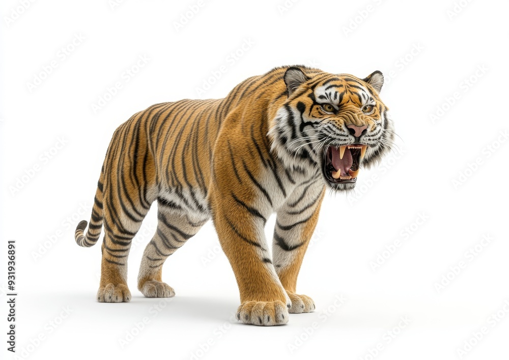 Fototapeta premium An angry wild roaring tiger isolated on a white background