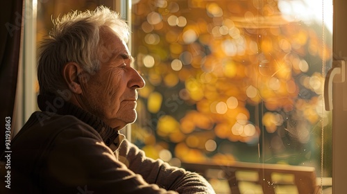 Senior man home and thinking on window with memories or reflection on retirement break and chill Thoughts calm and relax or peaceful as elderly person with mindfulness perspective and nostalgia photo