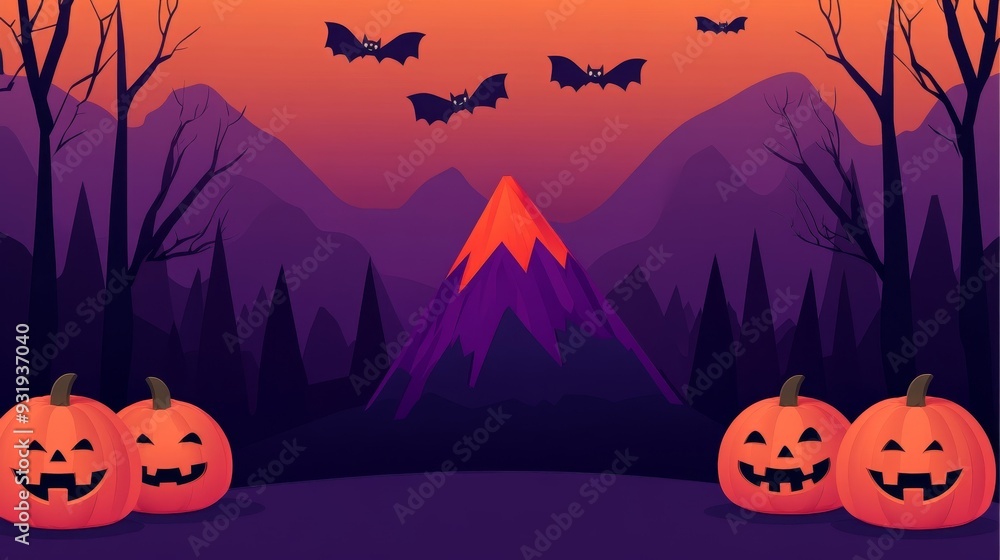 Spooky Halloween scene featuring pumpkins, bats, and a purple mountain at sunset, perfect for festive designs and celebrations. Spooky Halloween scene featuring pumpkins, bats, and a purple mountain at sunset, perfect for festive designs and celebrations.