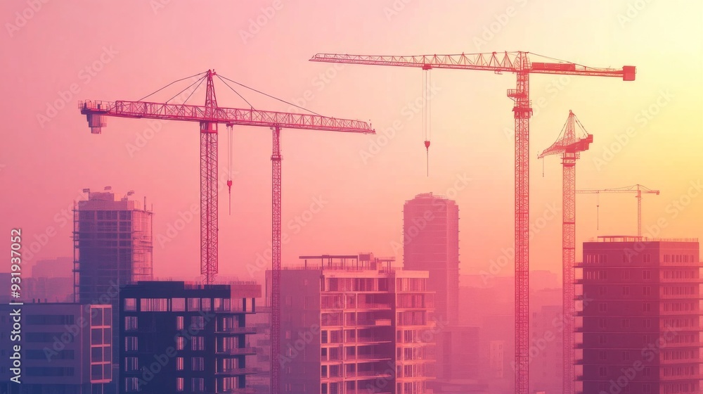 Urban Construction at Sunset Captivating Silhouettes of Cranes Against a Cityscape Background Urban Construction at Sunset Captivating Silhouettes of Cranes Against a Cityscape Background