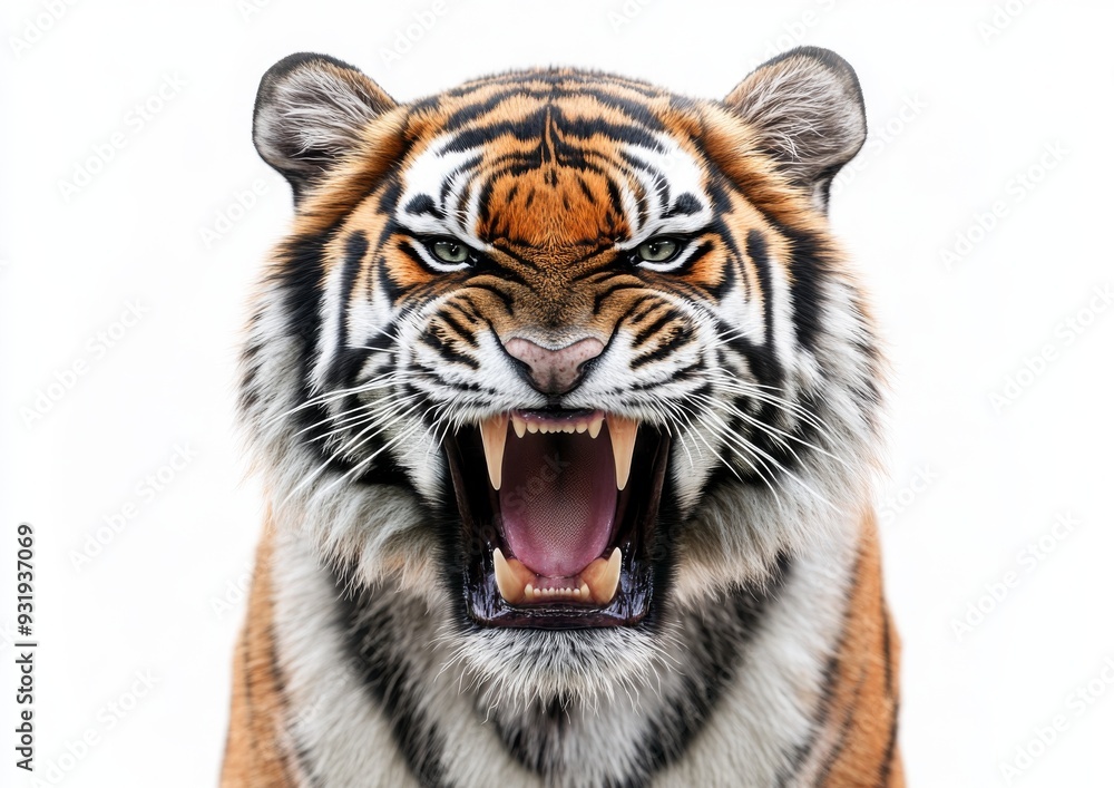 Fototapeta premium An angry, wild roaring tiger cutout isolated on white background