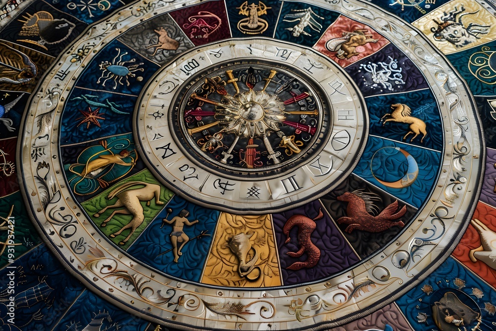 Intricate Zodiac Wheel with Astrological Symbols and Colorful Designs Intricate Zodiac Wheel with Astrological Symbols and Colorful Designs