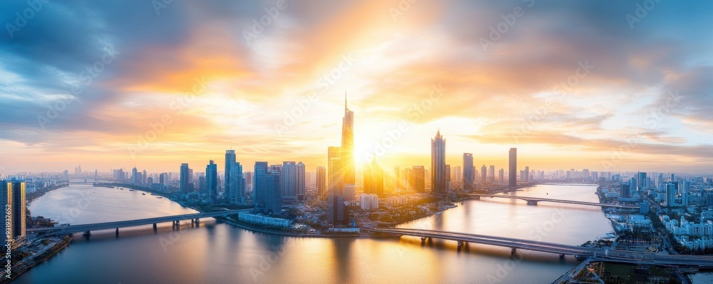 Fototapeta premium A stunning city skyline at sunset, featuring towering skyscrapers, a serene river, and vibrant clouds.