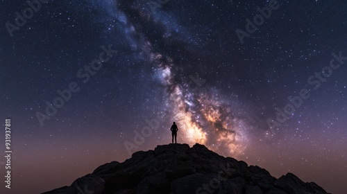 A breathtaking view of the galaxy with a silhouette of a person atop a mountain, capturing the beauty of the night sky.