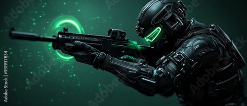 A futuristic soldier equipped with advanced gear and a glowing weapon, ready for action in a high-tech environment.