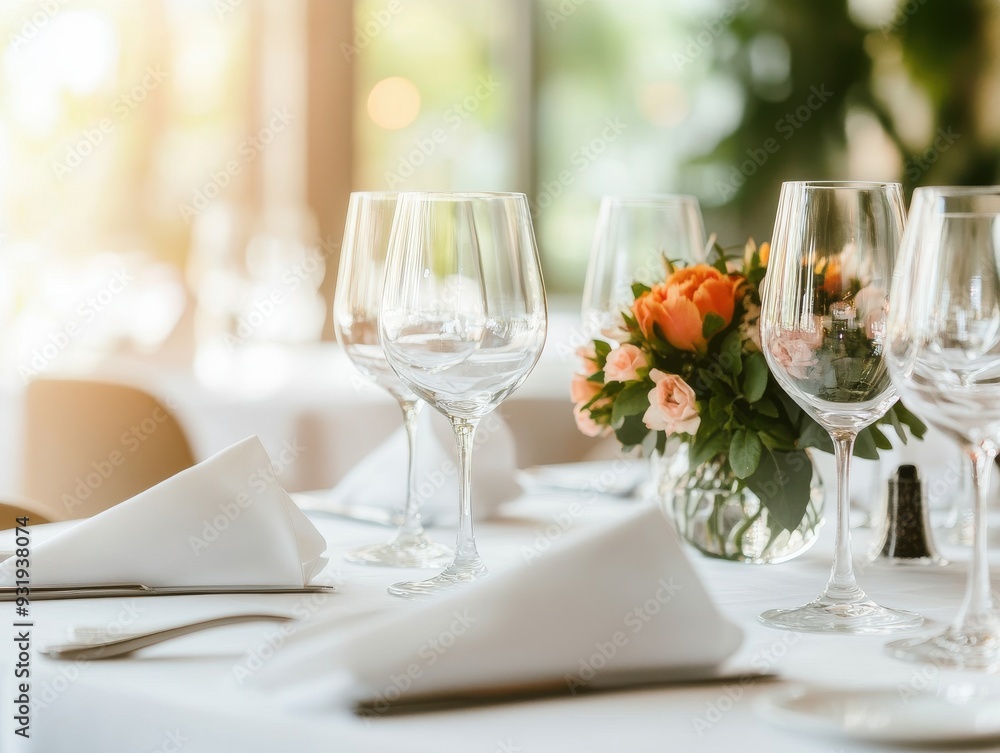 Elegant dining table set with glassware and floral centerpiece, perfect for romantic dinners or special events. Elegant dining table set with glassware and floral centerpiece, perfect for romantic dinners or special events.