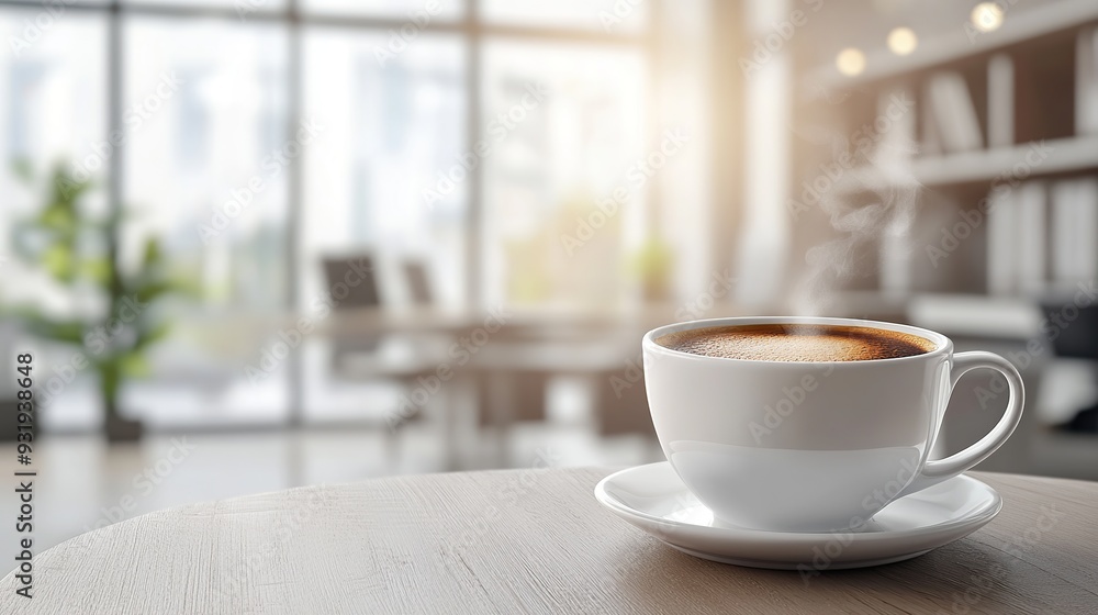 A cup of hot aromatic coffee. The beginning of the working day in the office, coffee break. White cup of coffee with steam above the cup on a blurred office background. copy space. A cup of hot aromatic coffee. The beginning of the working day in the office, coffee break. White cup of coffee with steam above the cup on a blurred office background. copy space.