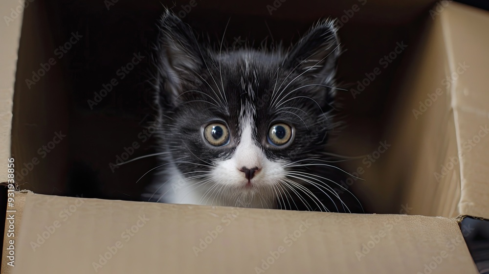 A cute tuxedo kitten peering out from inside a box package recently delivered A cute tuxedo kitten peering out from inside a box package recently delivered