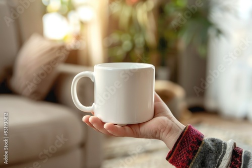 Hand Holding White Coffee Mug in Cozy Living Room with Sunlight and Houseplants