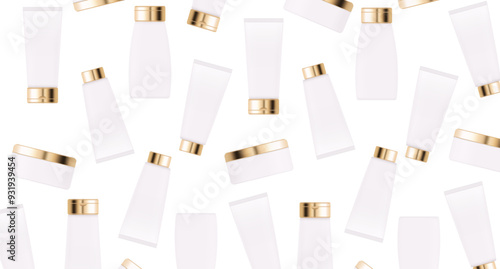background pattern Empty luxury Gold Packaging Cosmetic Product Set For Serum Cream Shampoo Toner Conditioner