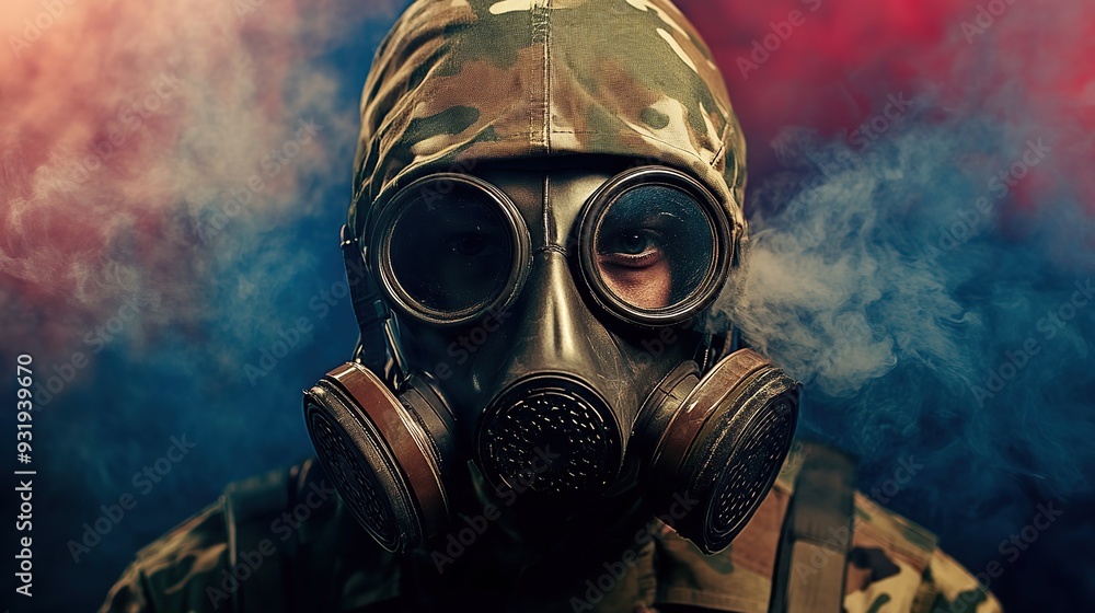 Closeup of a soldier wearing camouflage fatigues and a gas mask. A stalker face in gas mask with filter and red and blue highlights on background. copy space for text.