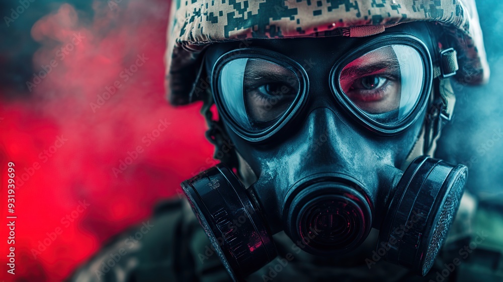 Closeup of a soldier wearing camouflage fatigues and a gas mask. A stalker face in gas mask with filter and red and blue highlights on background. copy space for text. Closeup of a soldier wearing camouflage fatigues and a gas mask. A stalker face in gas mask with filter and red and blue highlights on background. copy space for text.