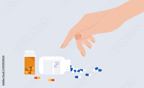Addicted to pills concept depicted by a hand reaching for a pill bottle. Treatment, drugstore, addiction. Simplicity flat vector illustration, isolated