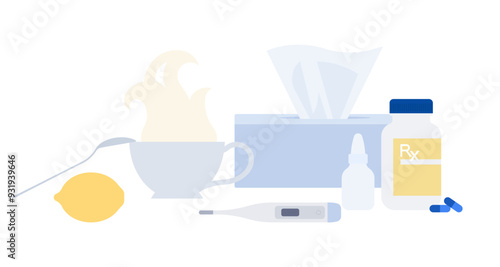 Cold and flu concept. Still life - hot tea, thermometer, pills, drops. Medicine, health care, treatment, drugstore, prescription, drugs. Simplicity flat vector illustration, isolated