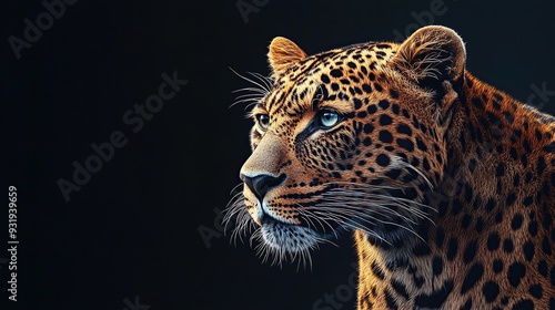 Close-up leopard portrait on dark background. copy space for text.