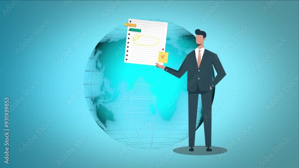 a businessman stands holding a note in front of a rotating earth, as a symbol of success and domination of the business world a businessman stands holding a note in front of a rotating earth, as a symbol of success and domination of the business world