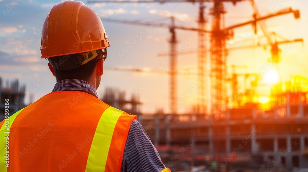 Construction engineer in safety gear, towering cranes in background close up, focus on, copy space Warm afternoon light Double exposure silhouette with construction site Construction engineer in safety gear, towering cranes in background close up, focus on, copy space Warm afternoon light Double exposure silhouette with construction site