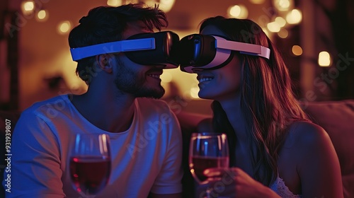 Couple on a date in virtual reality headset. Romantic couple portrait in virtual reality. Relationship online. Virtual love romance family. copy space for text.