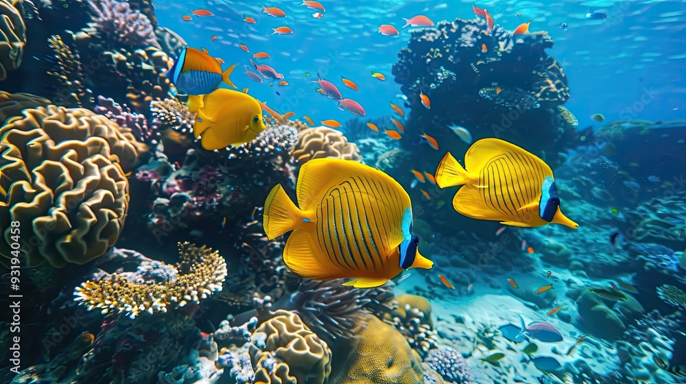 Fototapeta premium Swimming yellow fish Ribboned sweetlips and butterflyfish and healthy coral reef Tropical fish and corals in the blue sea Marine life underwater photo from scuba diving Wildlife in the ocean
