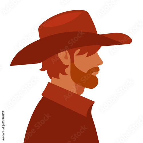 Cowboy in hat. Side view portrait of handsome man in western style hat. Brown hair, white skin, beard. Unrecognizable person. Simple and flat vector illustration of attractive man