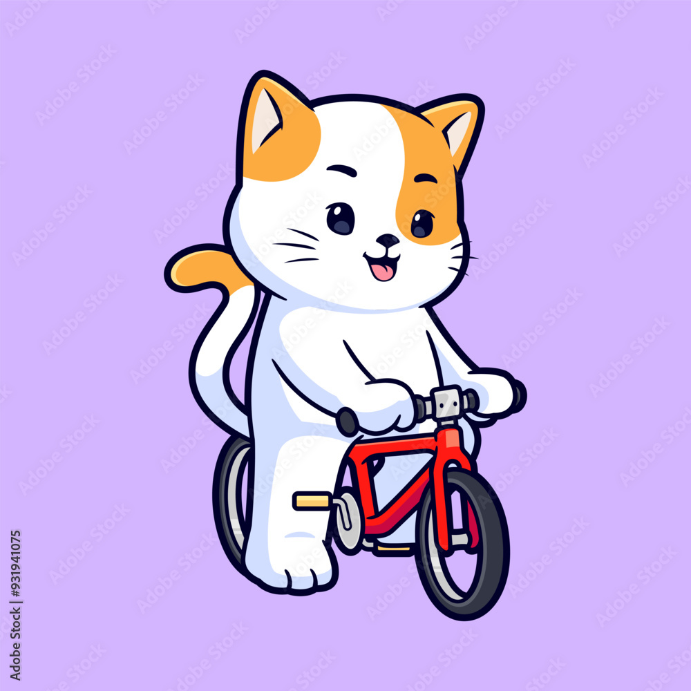Fototapeta premium Cute Cat riding bicycle vector mascot logo. Animal transportation icon concept illustration.