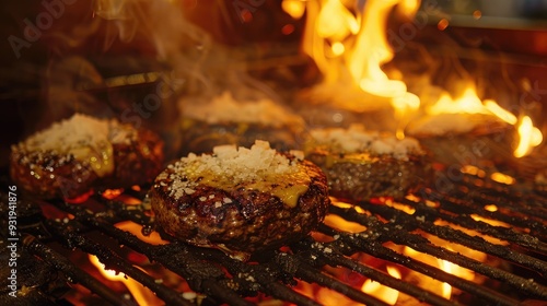 Burgers with cheese and salt on top being roasted in a typical Uruguayan grill called parrilla supplied with firewood and flames in a restaurant kitchen photo