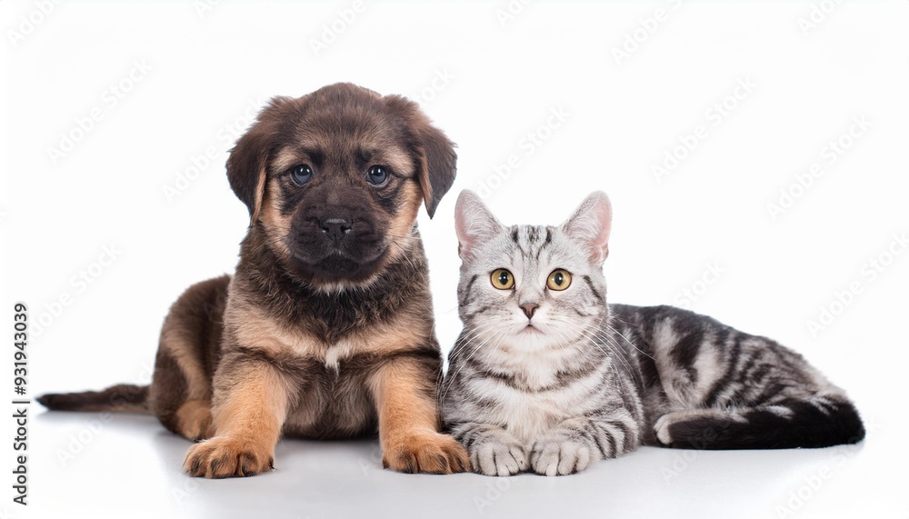 Obraz premium 仲良く一緒に座っている子犬と猫（Puppy and cat sitting together friendly） 