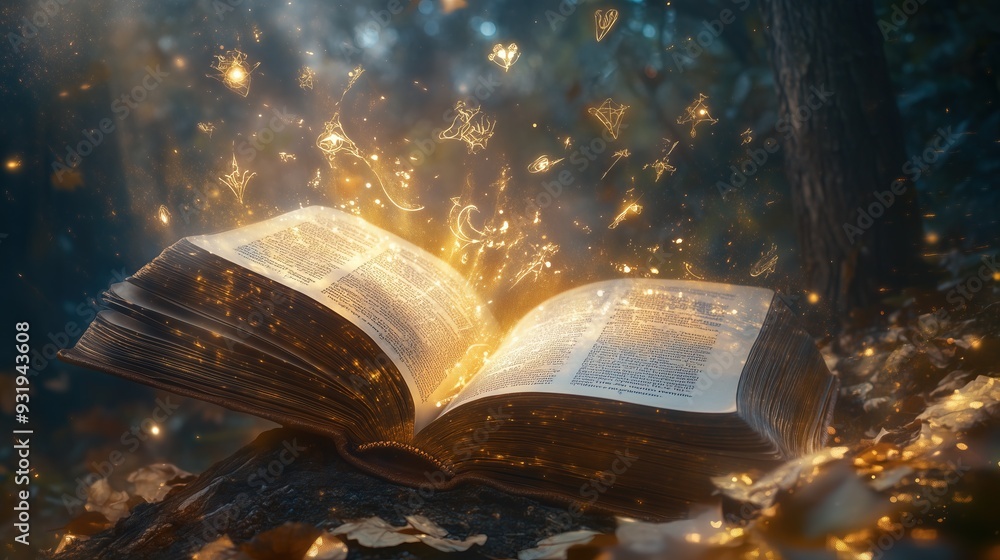 Fototapeta premium An open magic book from which symbols and magic fly out