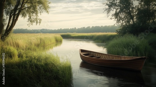 Not a wide river with grass on the banks and a boat