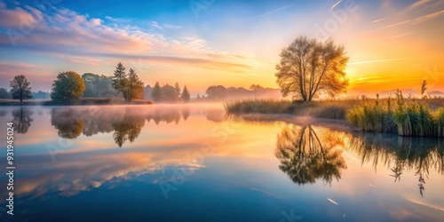 Wallpaper Mural Beautiful misty lake at sunrise reflecting sky, trees, and reeds , serene, peaceful, water, morning, nature, mist, reflection Torontodigital.ca