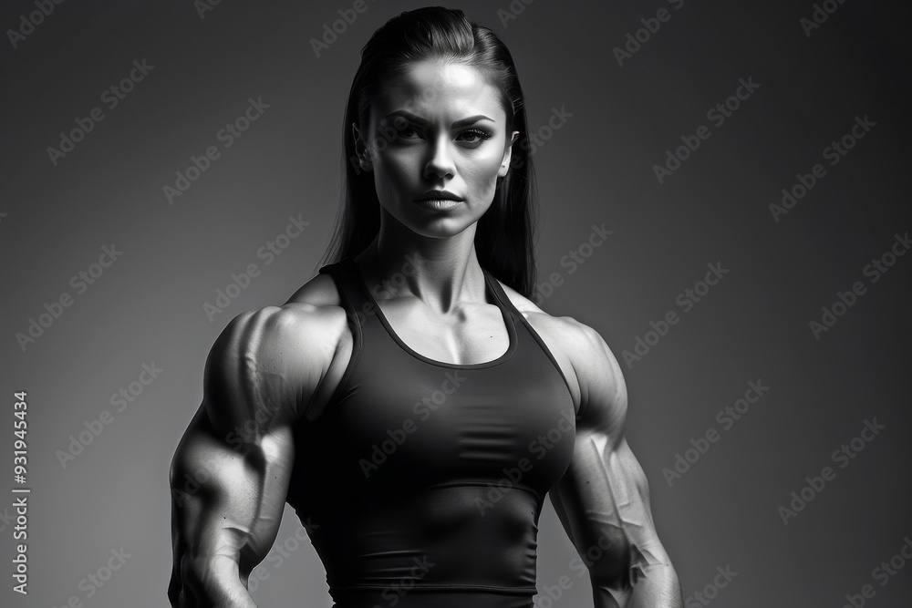 Naklejka premium A muscular woman poses confidently showing off her well-defined physique
