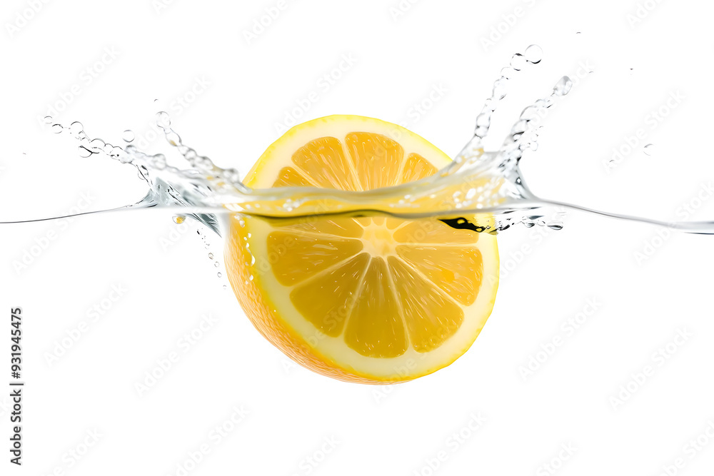 A vibrant yellow lemon splashing into clear water, creating dynamic droplets and ripples. The background is white, emphasizing the freshness of the lemon. A vibrant yellow lemon splashing into clear water, creating dynamic droplets and ripples. The background is white, emphasizing the freshness of the lemon.