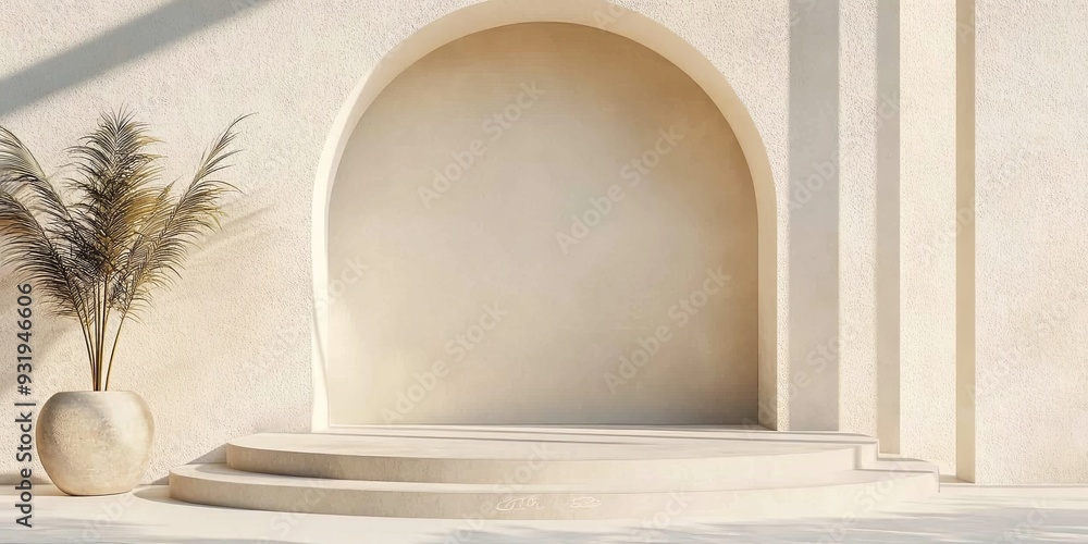 Obraz premium Minimalist Archway Product Display: A clean and contemporary product display with a curved archway, a circular platform, and soft, natural light. Perfect for showcasing your products .
