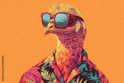 'A humorous illustration of a turkey sporting sunglasses and a vibrant Hawaiian shirt.' photo