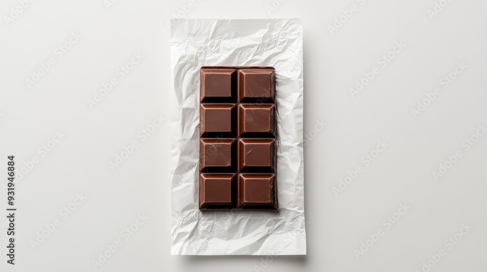 Milk chocolate bar wrapped in paper on white background Milk chocolate bar wrapped in paper on white background