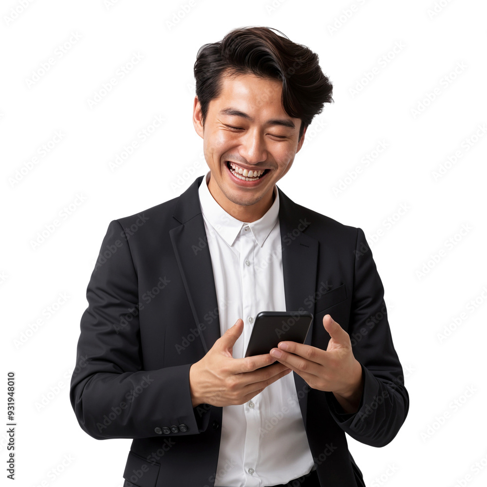 Portrait of a smiling and laughing businessman with a mobile phone, isolated on a transparent background Portrait of a smiling and laughing businessman with a mobile phone, isolated on a transparent background