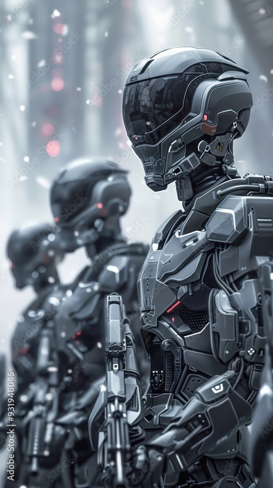 Military robots stand ready in a futuristic city, prepared for action amidst a dramatic atmosphere Military robots stand ready in a futuristic city, prepared for action amidst a dramatic atmosphere