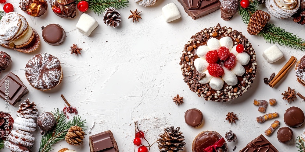 Decadent Chocolate Cake with Festive Decorations: A close-up of a delicious chocolate cake with chocolate ganache, sprinkles, and festive decorations. Christmas cake. Decadent Chocolate Cake with Festive Decorations: A close-up of a delicious chocolate cake with chocolate ganache, sprinkles, and festive decorations. Christmas cake.