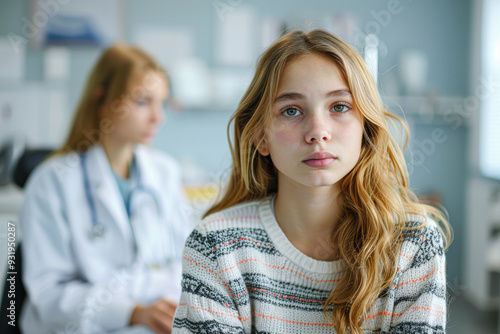 A young girl sits in a doctor's office with a doctor standing behind her