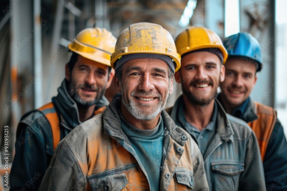 Construction workers smile confidently at the construction site. Construction workers smile confidently at the construction site.