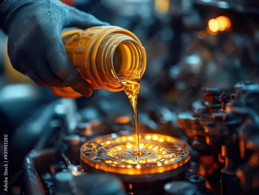 modern mechanic pouring fresh oil into car engine closeup view of hands and oil stream with sharp focus on the liquids flow modern mechanic pouring fresh oil into car engine closeup view of hands and oil stream with sharp focus on the liquids flow