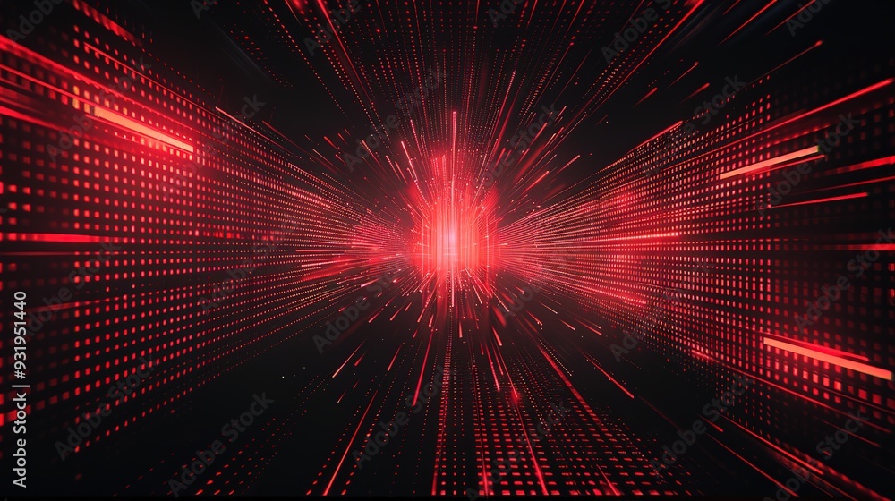 Fototapeta premium Abstract red glowing lines and dots on a black background.