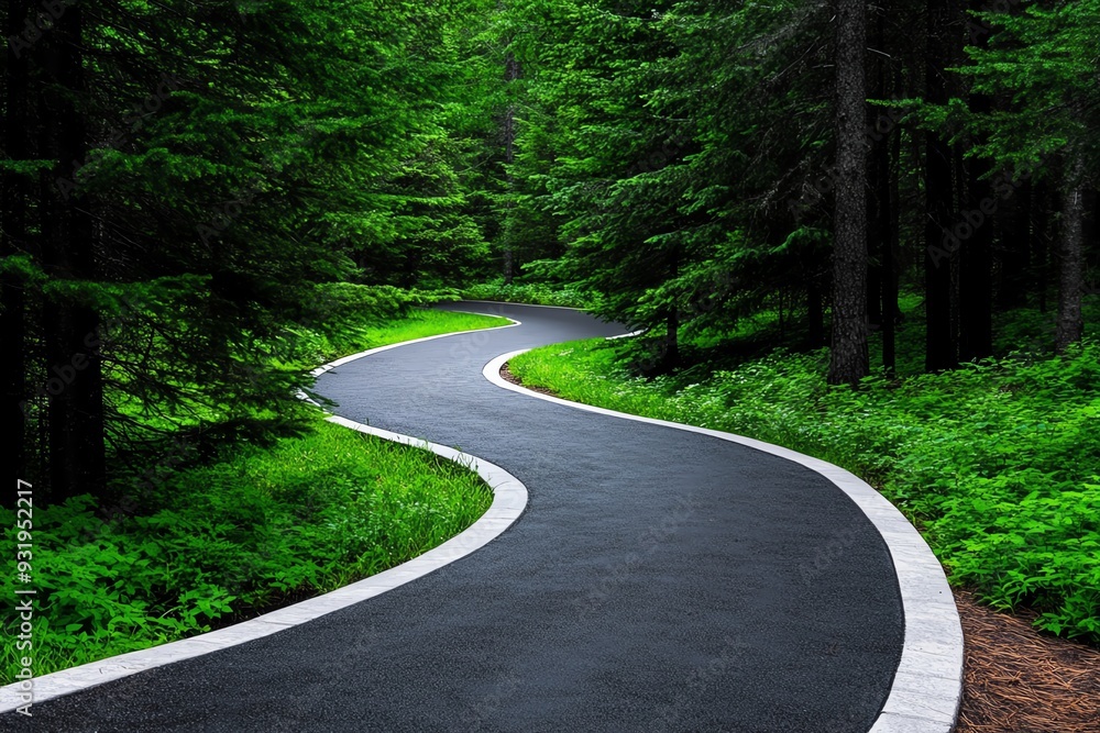 Fototapeta premium Bicycle path winding through a pine forest, inviting and serene