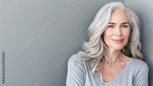 Radiant Middle-Aged Woman with Silvery Hair and Glowing Skin on Gray Background Copy Space. Beauty and Skin Care Concept.