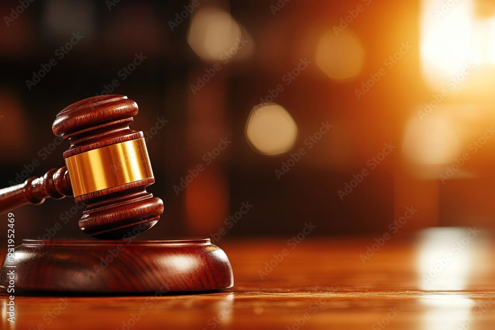 A close-up of a wooden gavel symbolizing justice, authority, and law, set against a blurred backdrop of a courtroom. A close-up of a wooden gavel symbolizing justice, authority, and law, set against a blurred backdrop of a courtroom.
